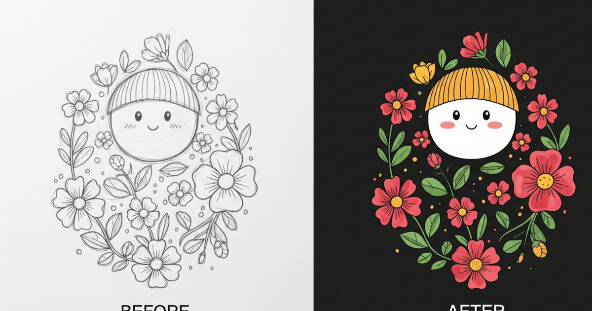 Before and after of a hand-drawn design converted into vector format for printing.