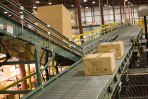 Boxes making their way down the conveyor belt on their way to customers.