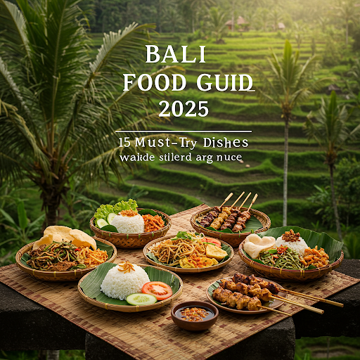 create a featured image that captures the essence of your Bali food guide blog. Here’s what I’ll include in the design: A traditional Balinese meal with dishes like nasi campur, sate lilit, and babi guling Tropical background with palm leaves or rice terraces A text overlay: "Bali Food Guide 2025 – 15 Must-Try Dishes" Bright, vibrant, food-focused composition (landscape format)