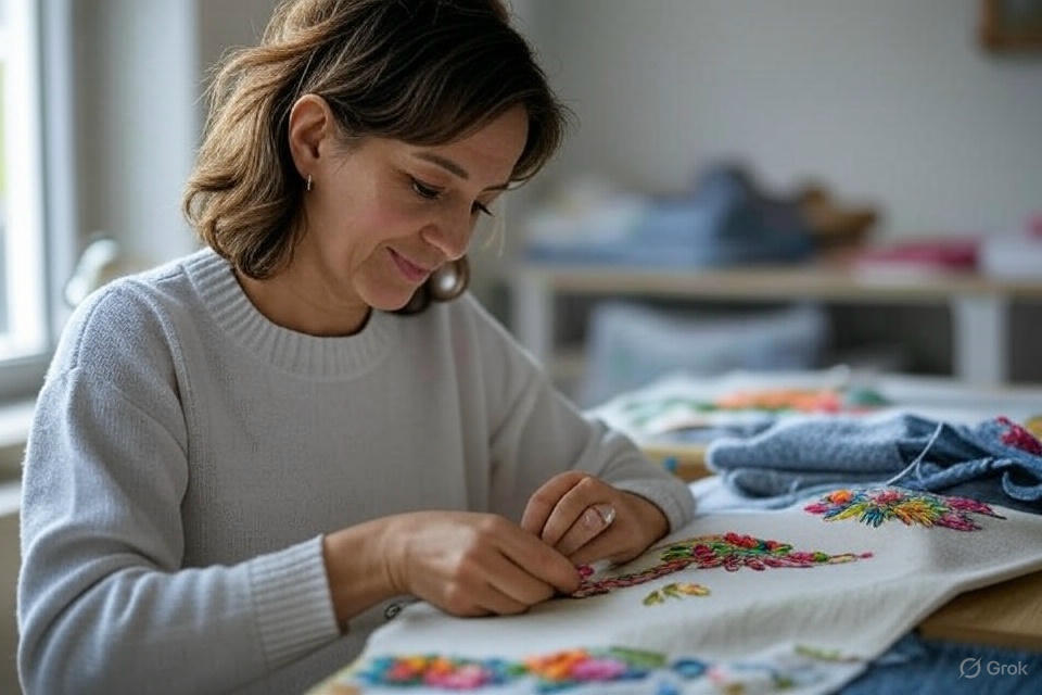 A woman focused on creating intricate embroidery on fabric, surrounded by colorful threads and tools.