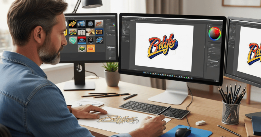 A graphic designer working on converting a hand-drawn logo into clean vector art using design software.